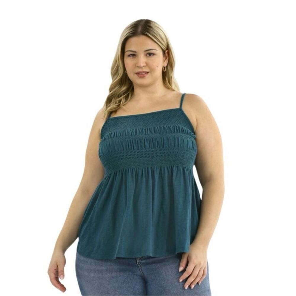 Terra & Sky Women's Plus Size Smocked Tank Top, Size 2X Teal Rain NEW